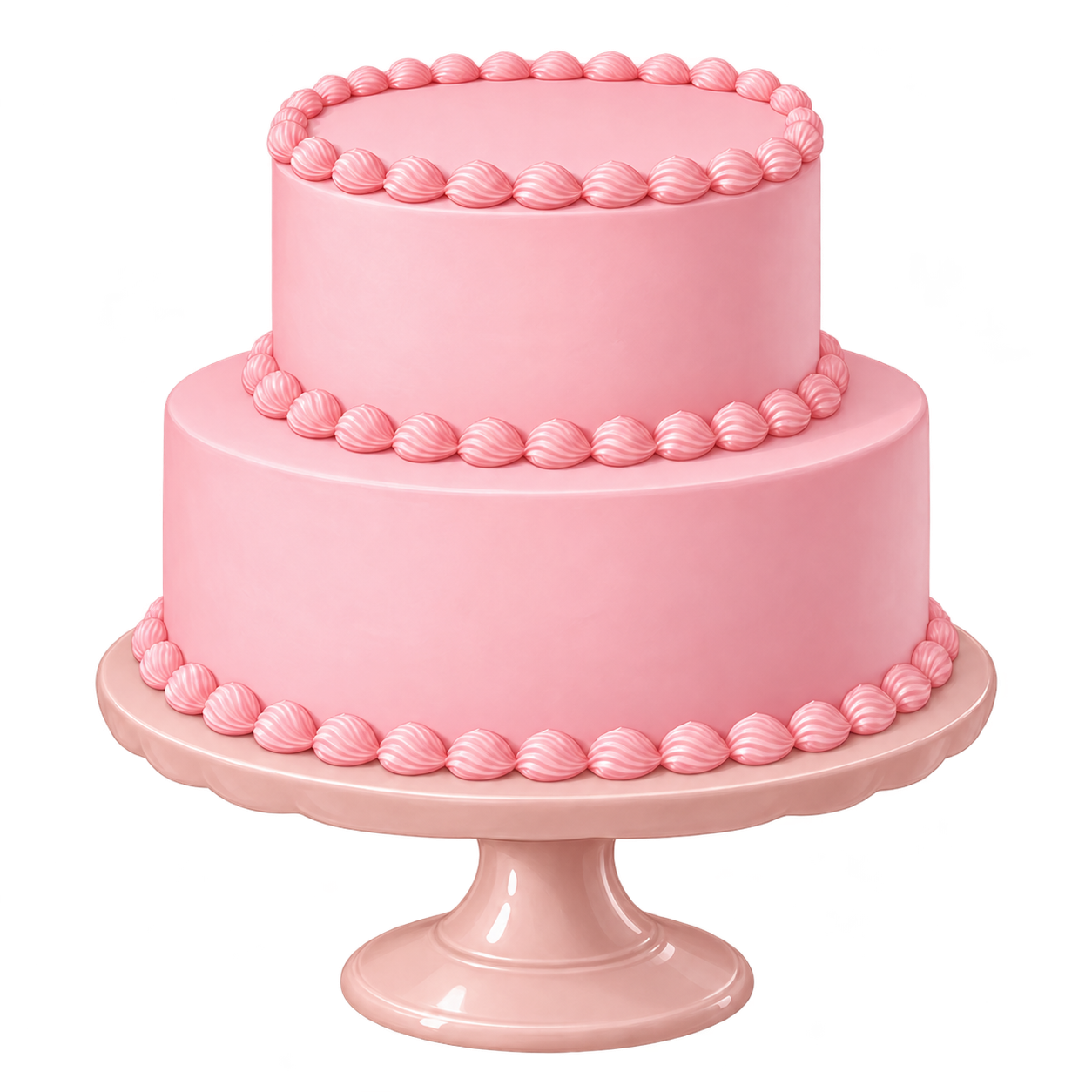 A two-tier strawberry birthday cake on a pink cake stand